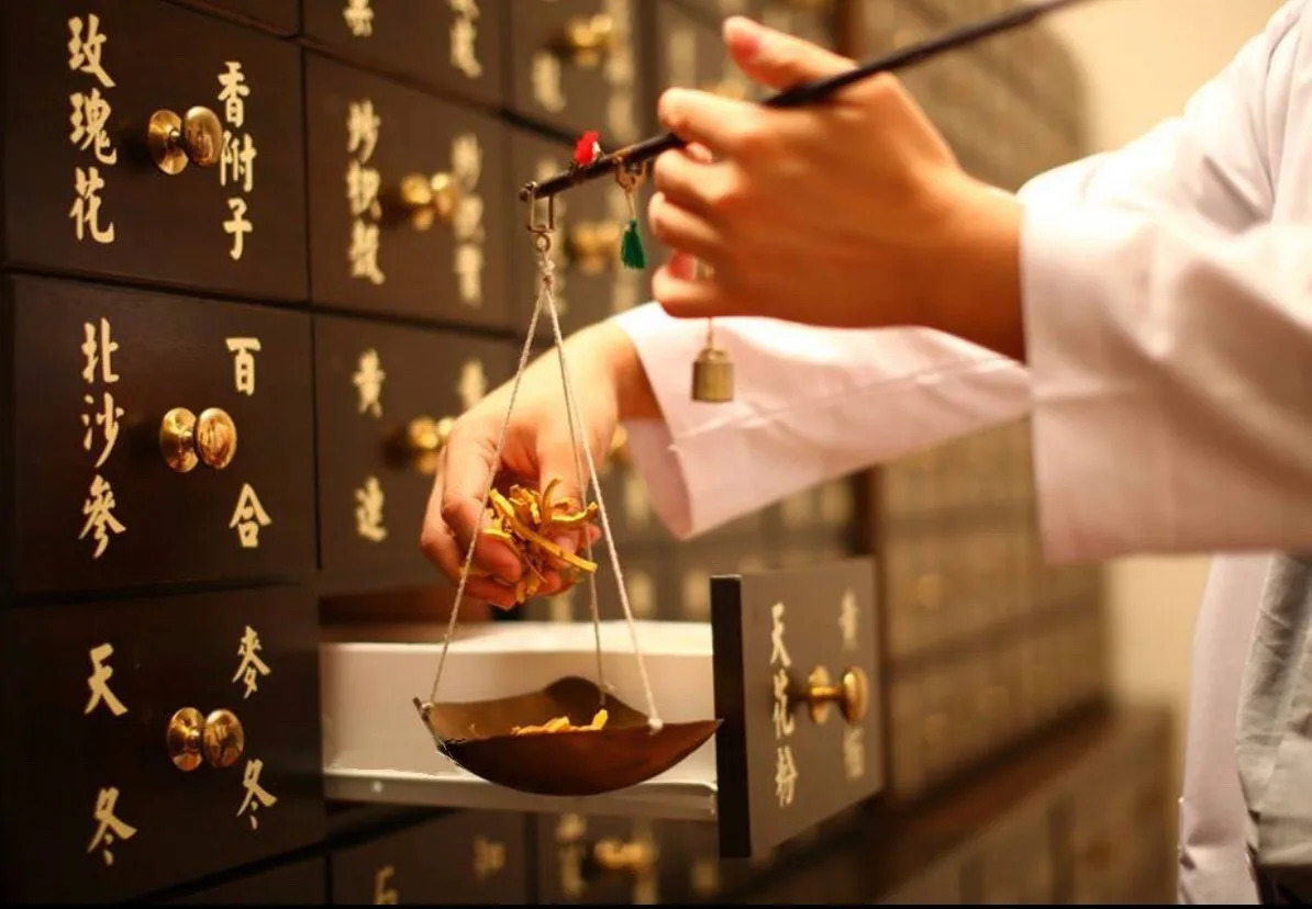 Dried herbs weighed on a brass hand-scale before a wall of gold-lettered apothecary drawers
