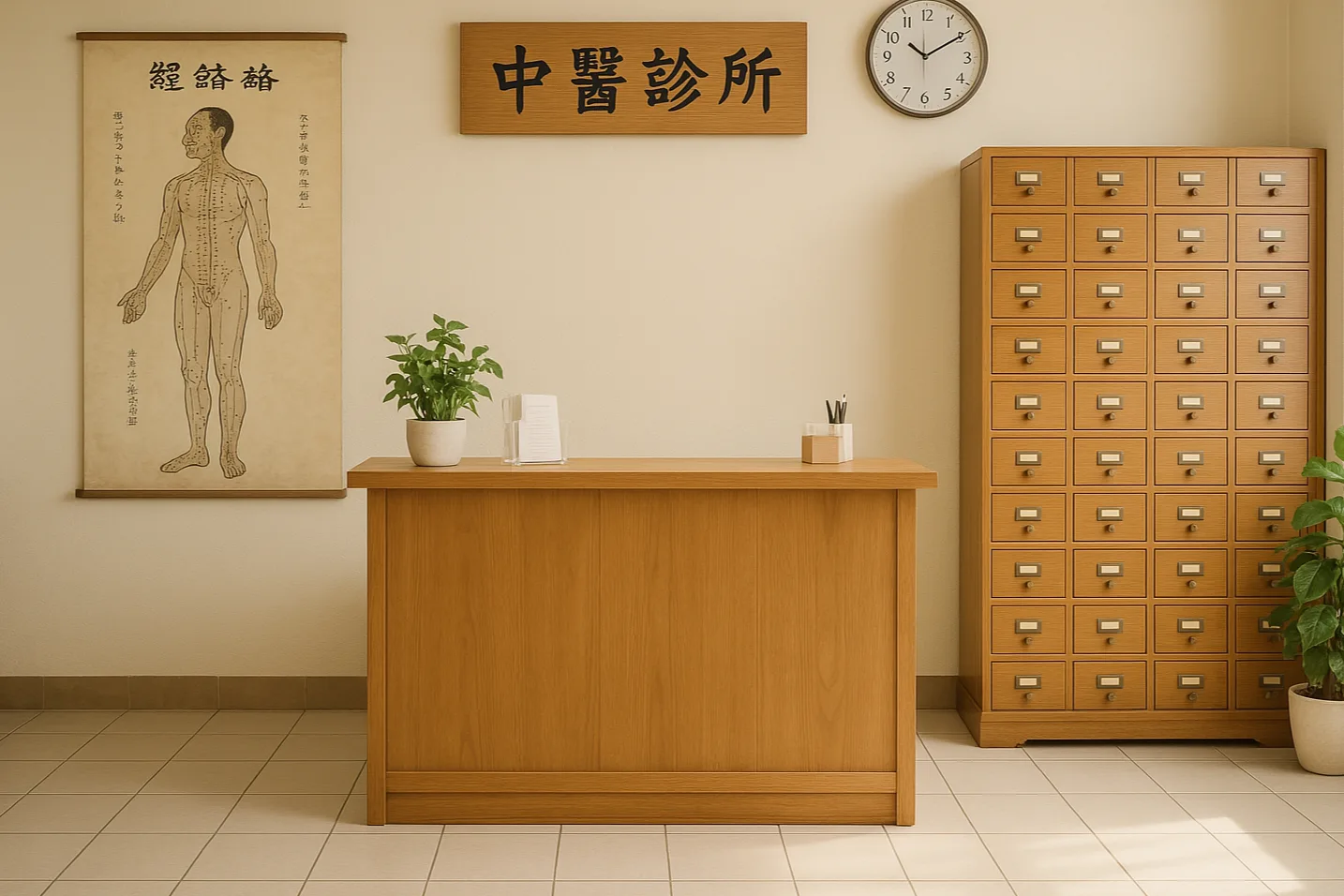 Chinese medicine clinic reception with herb-drawer wall, meridian chart and wooden sign